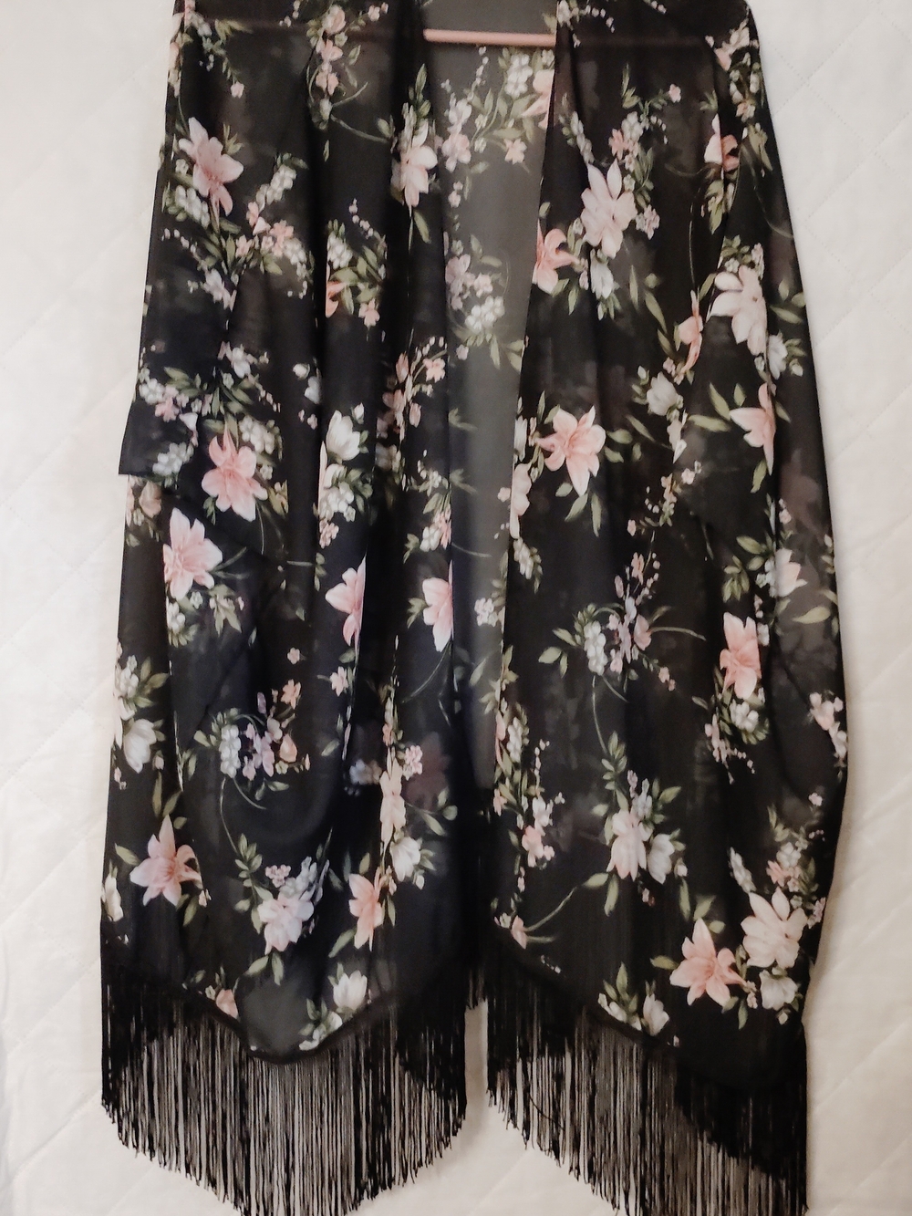 Black Floral Sheer Fringe Wrap - Pink Blossom Print